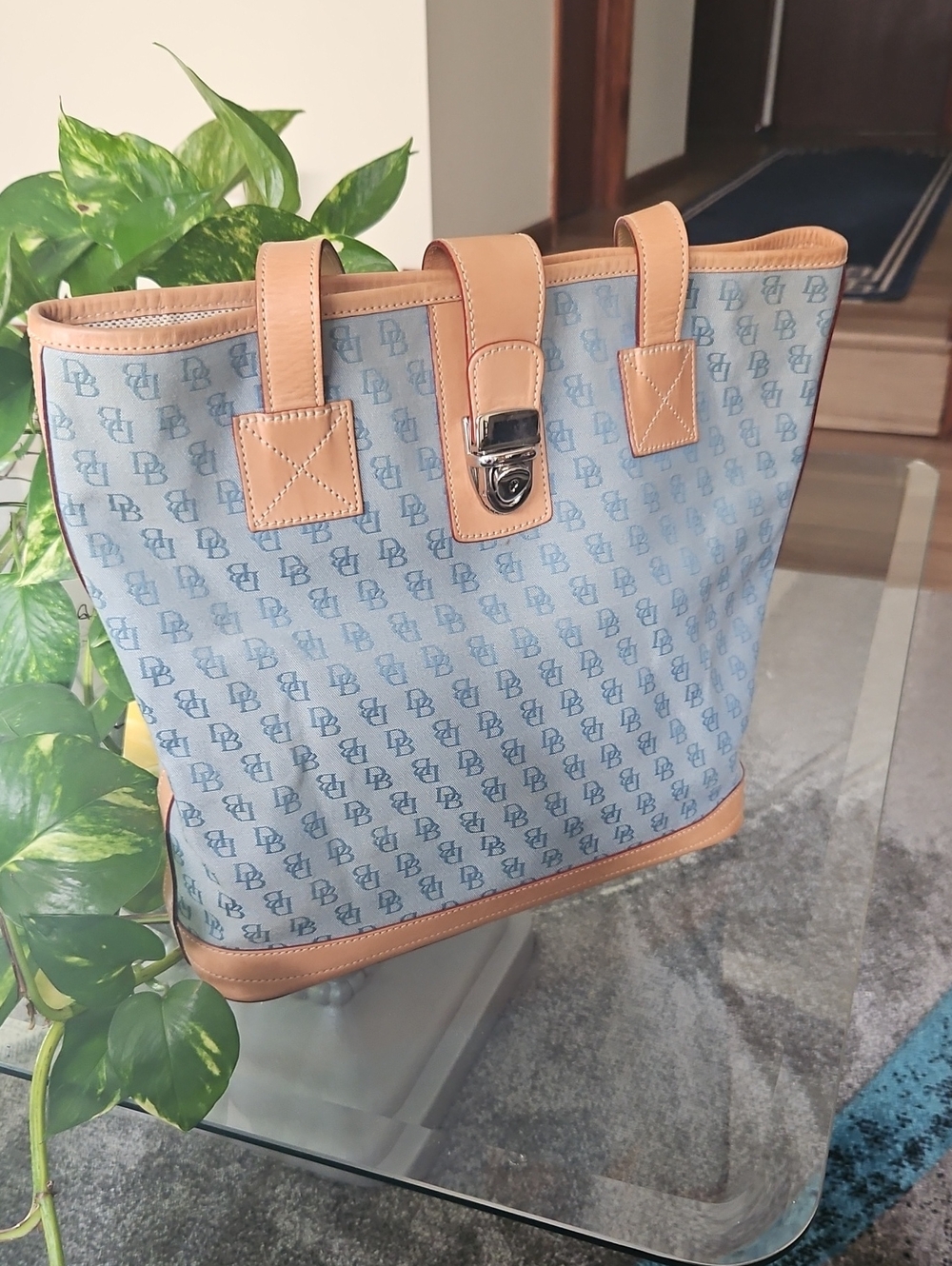 Dooney & Bourke Light Blue Logo Tote with Tan Trim